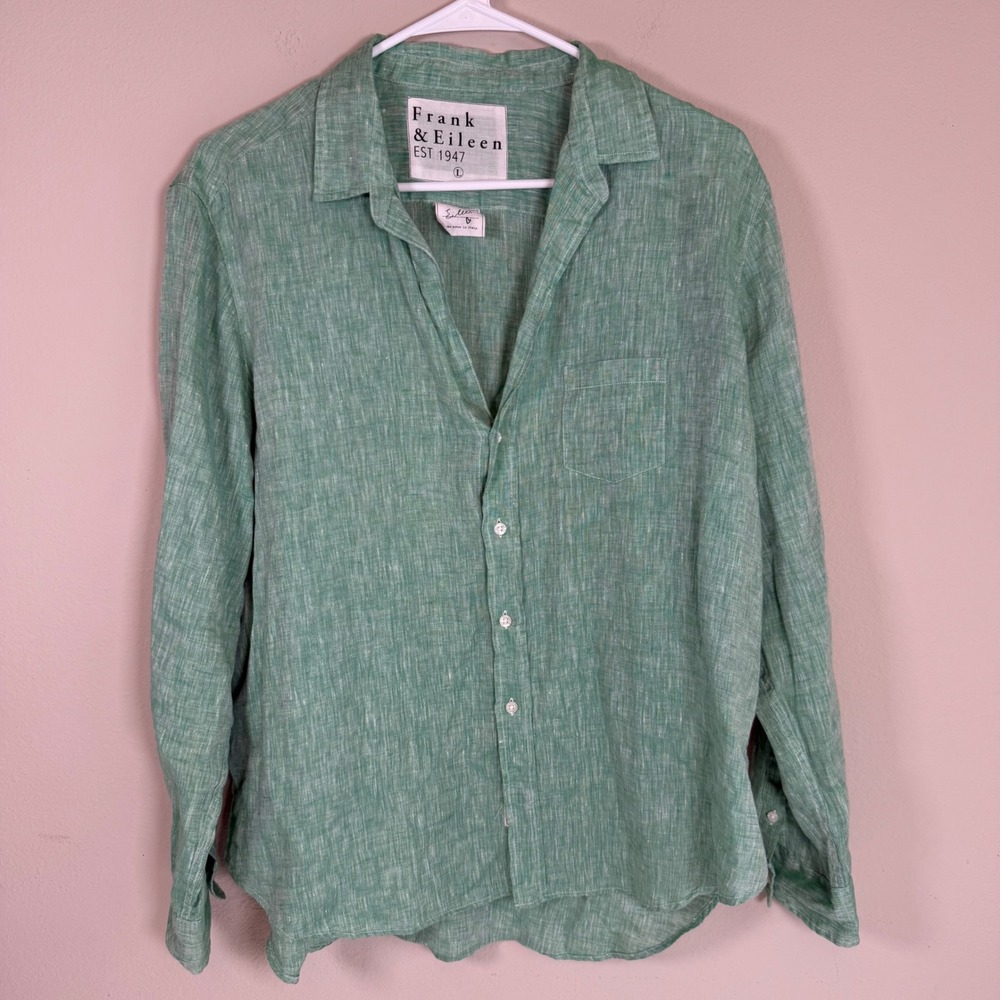 Frank & Eileen Eileen Shirt L Green 100% Linen Button Down Oversized Italy